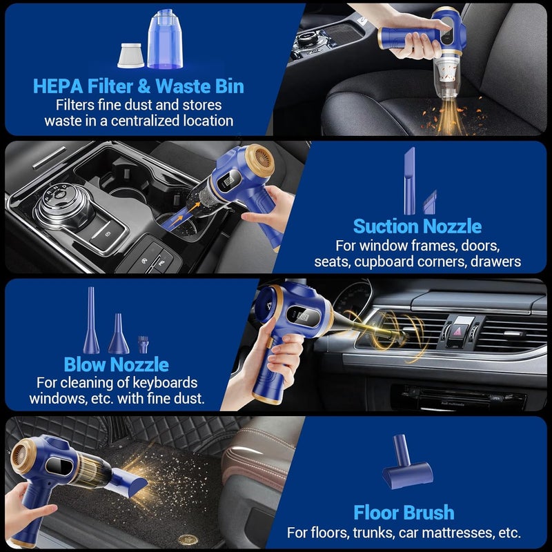 Scstartx Car Vacuum Portable Cordless 17000Pa Cordless Mini Handheld Vacuums with LCD Display and Multi-Nozzles, High Power Wet and Dry for Car, Home, Office, Pet, Compact and Portable Design - Image 4